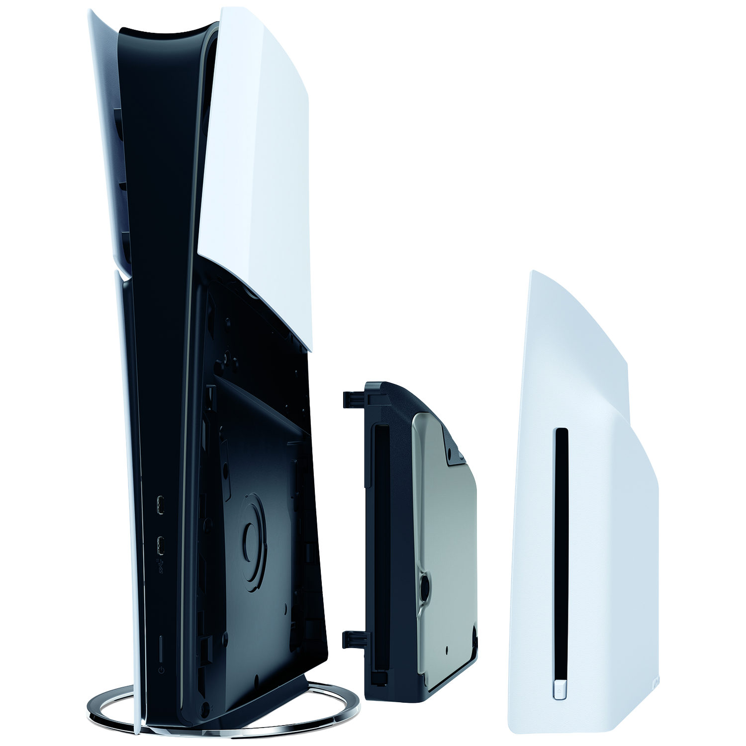 A white and black game console is shown disassembled. Parts include side panels, a central black component, and an internal drive.