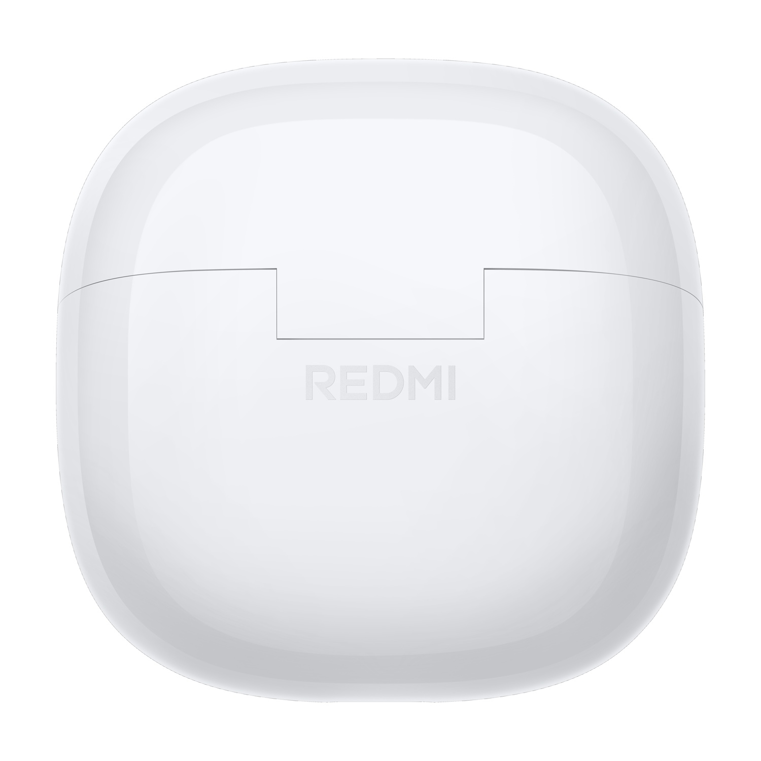 Un astuccio di ricarica bianco per auricolari Redmi. L'astuccio è di forma ovale e ha il nome del marchio al centro. Il coperchio ha una piccola rientranza.