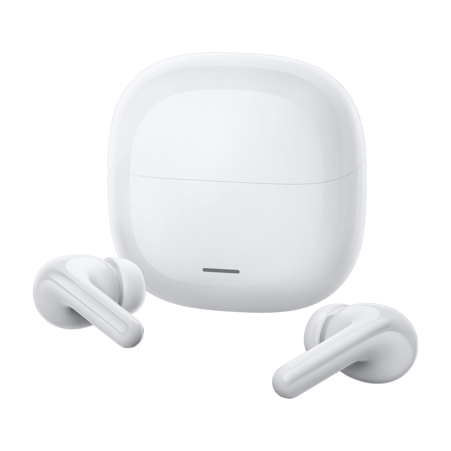 Auricolari wireless bianchi e custodia di ricarica su sfondo bianco. La custodia è chiusa. Due auricolari sono posizionati separatamente.