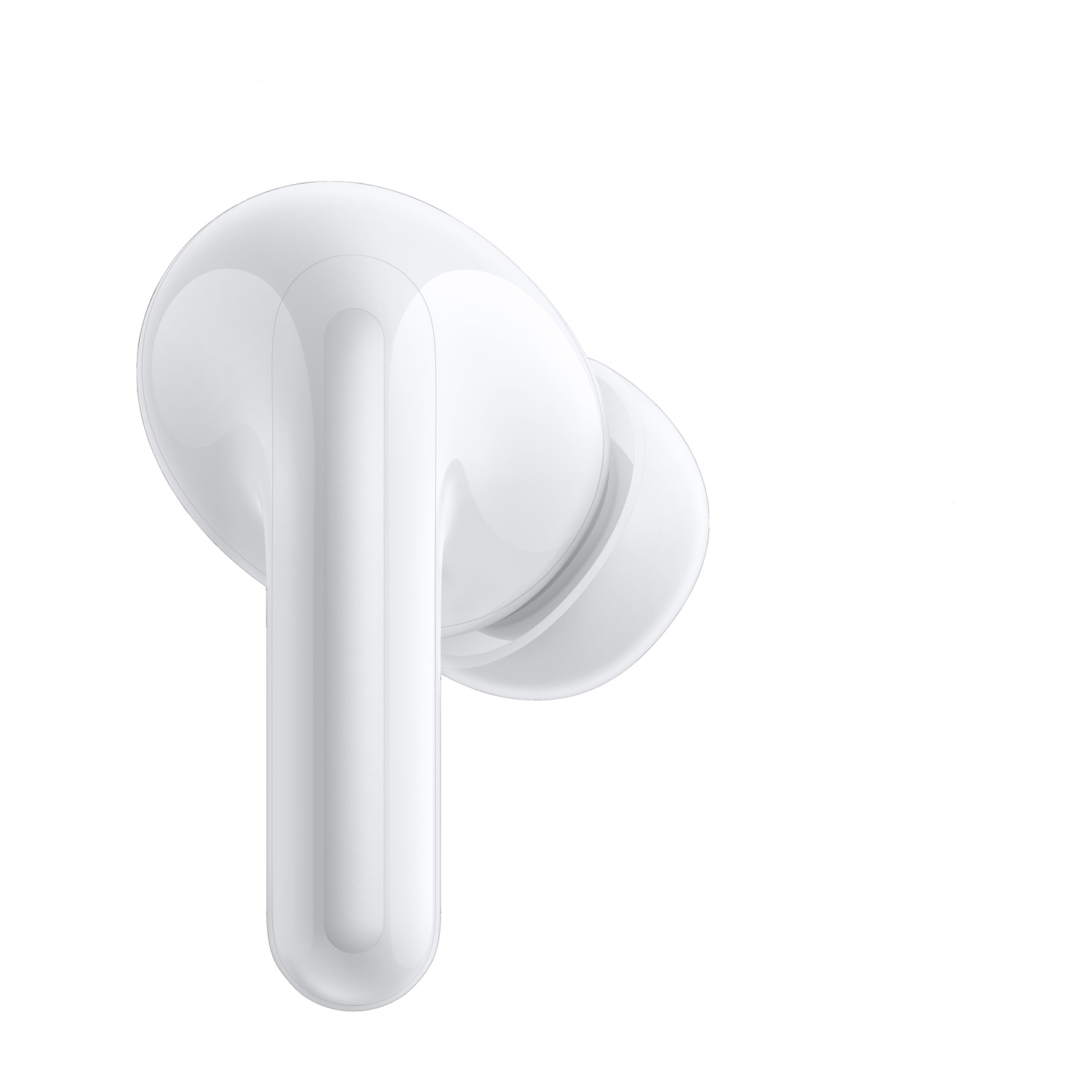 Primo piano di un auricolare bianco con stelo, su sfondo bianco. L'auricolare è lucido.