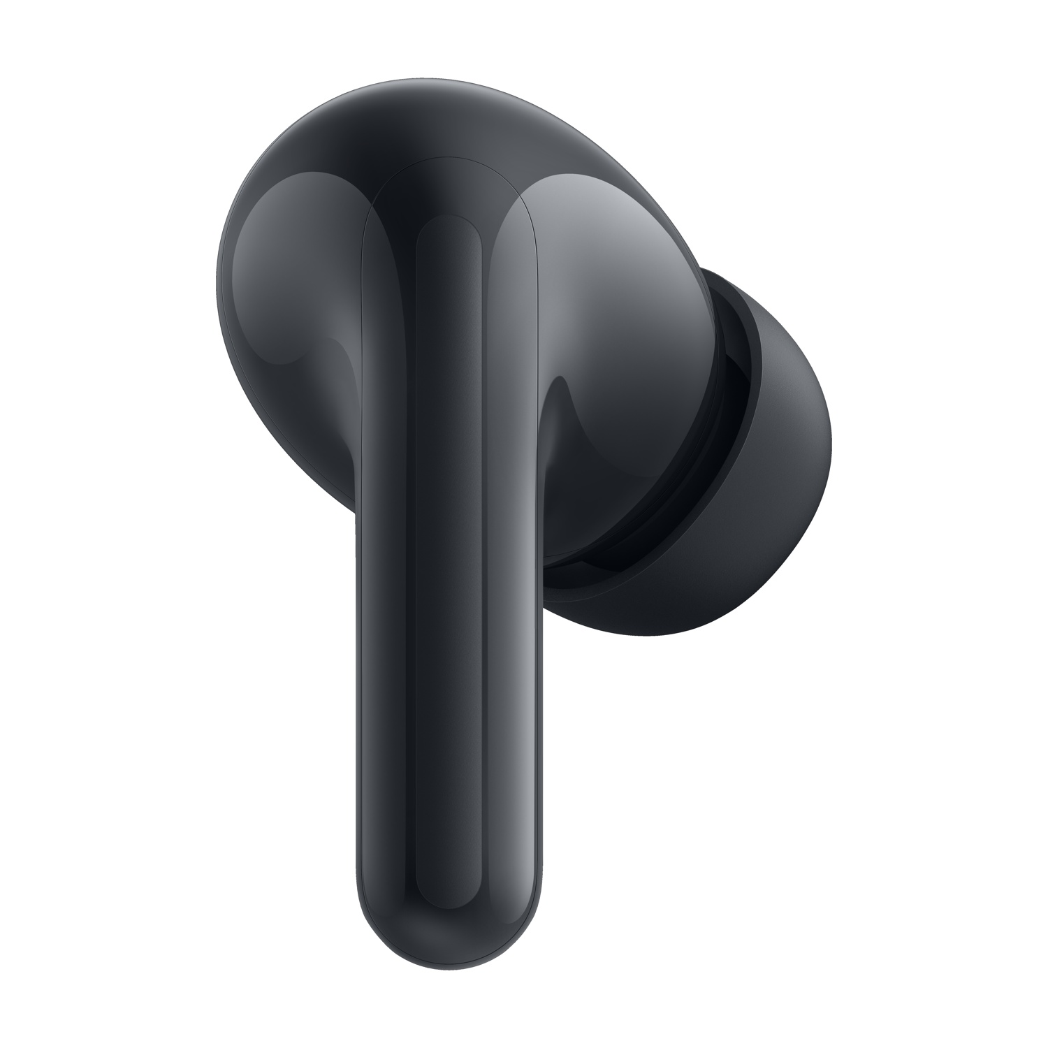 Primo piano di un auricolare nero su sfondo bianco. L'auricolare è lucido e ha una forma arrotondata con uno stelo.