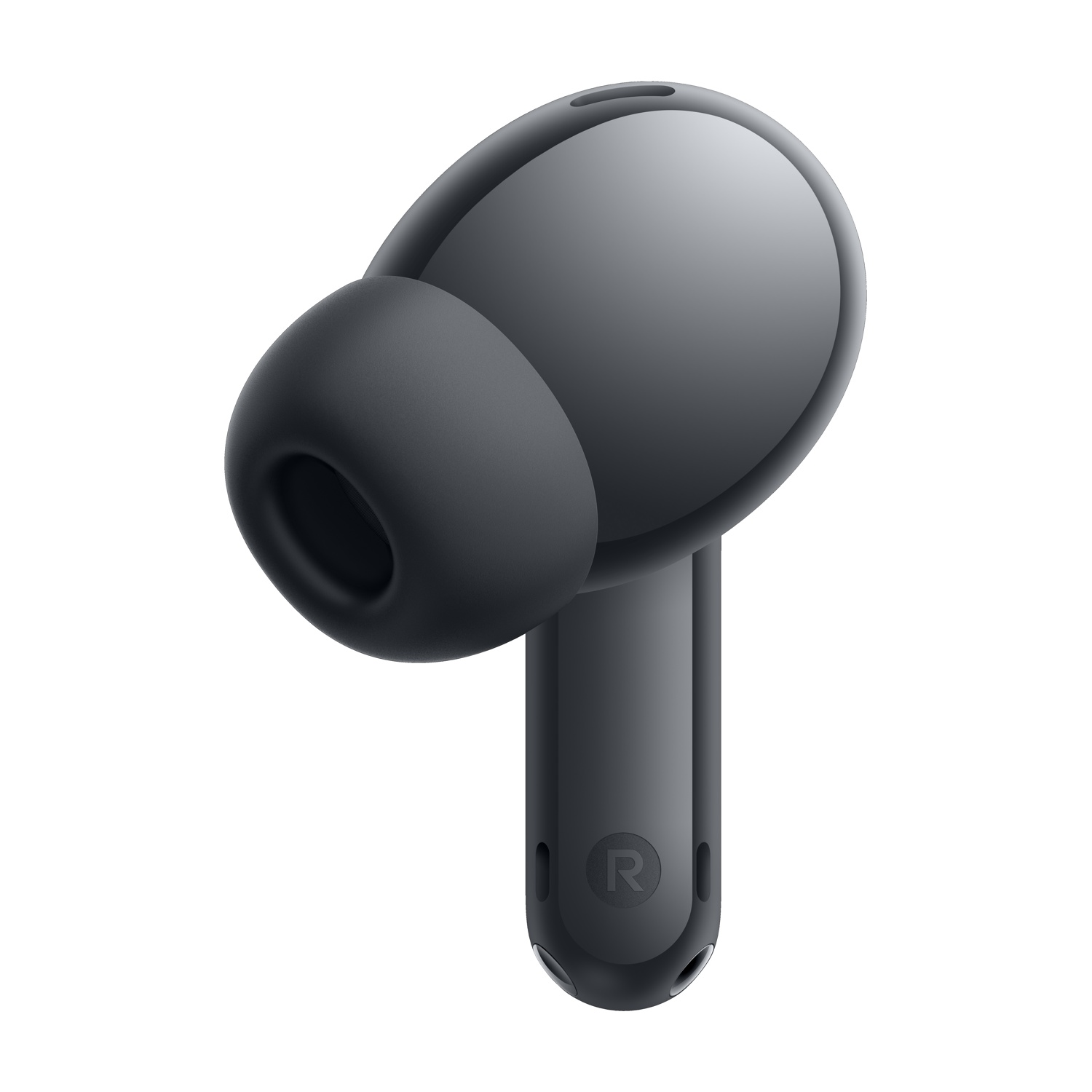 Primo piano di un auricolare wireless grigio scuro. L'auricolare ha una forma arrotondata con un gambo. La lettera 'R' è visibile sullo stelo.