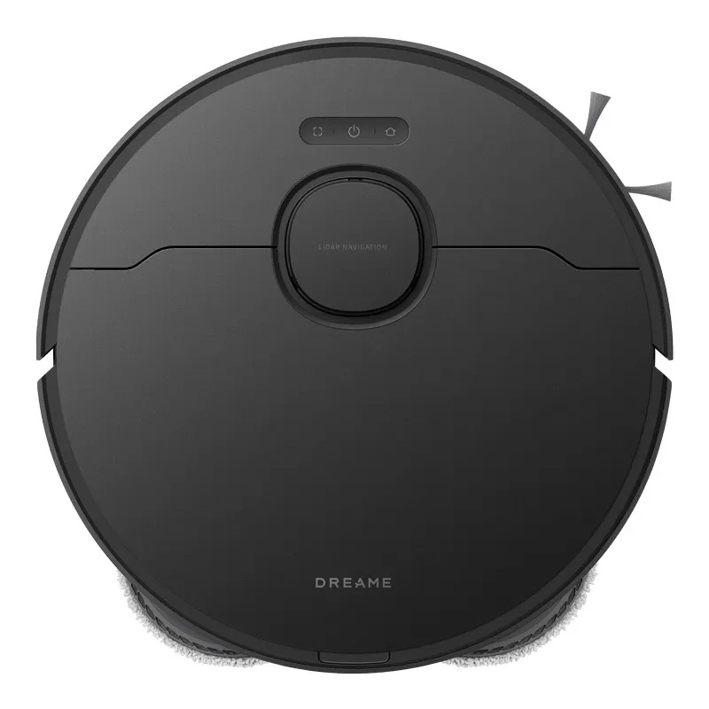 Widok z góry na czarny, okrągły odkurzacz robot z widoczną marką 'DREAME'.
