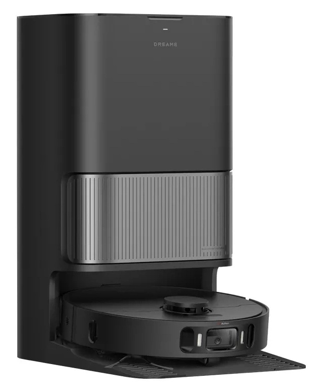 Czarny robot sprzątający Dreame ze stacją ładującą. Odkurzacz jest okrągły, stacja wysoka i prostokątna.