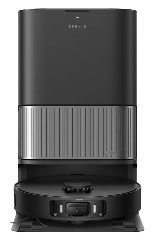 Czarny robot sprzątający Dreame z wysoką stacją ładującą. Stacja ma srebrny panel i nazwę marki na górze.