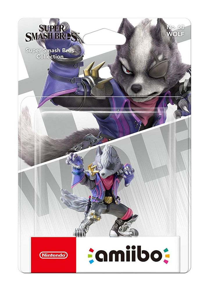 Figura Amiibo de Wolf de Super Smash Bros. en un paquete. La figura es gris y morada. El paquete tiene logotipos de Nintendo y Amiibo.