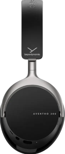 Schwarze und silberne Kopfhörer. Die Marke ist beyerdynamic. Modell ist Aventho 200. Das Kopfband ist schwarz, die Ohrmuscheln sind silber und schwarz.