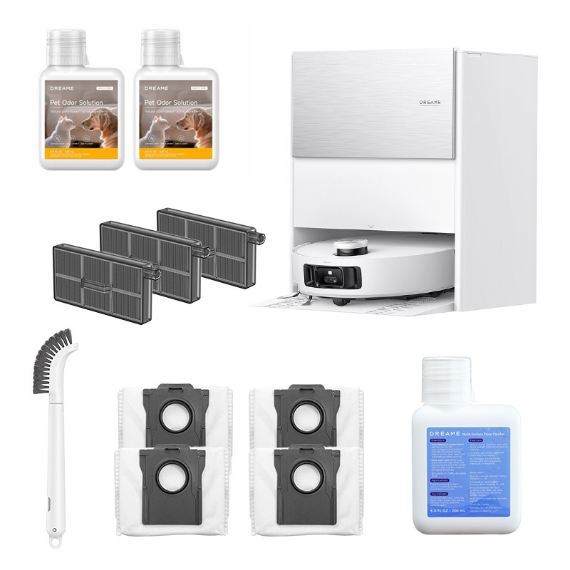 Odkurzacz robot, stacja ładująca, filtry, worki na kurz, szczotka czyszcząca i dwa roztwory zapachowe.