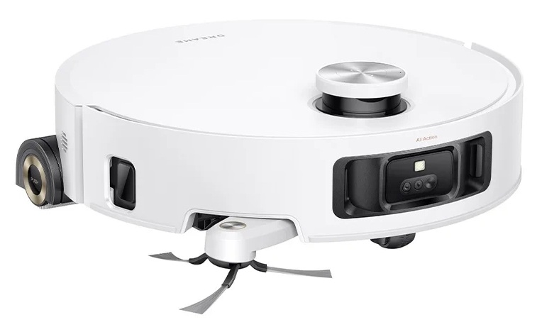 Biały robot sprzątający z obrotowymi szczotkami i czujnikami na białym tle.