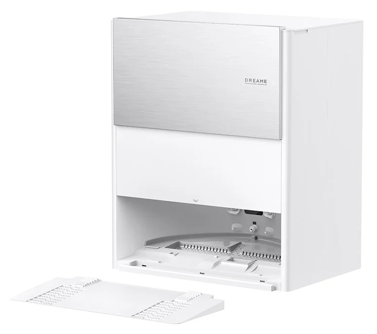 Biała stacja dokująca odkurzacza Dreame z srebrną sekcją górną i wyjmowaną płytą podstawy.