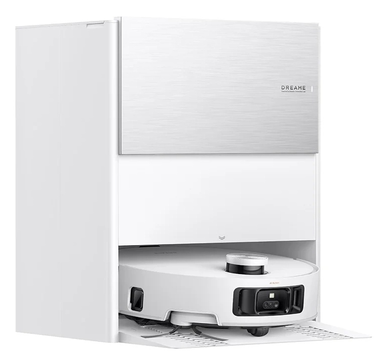 Biały robot sprzątający zadokowany w białej stacji ładującej z szczotkowanym metalowym blatem.