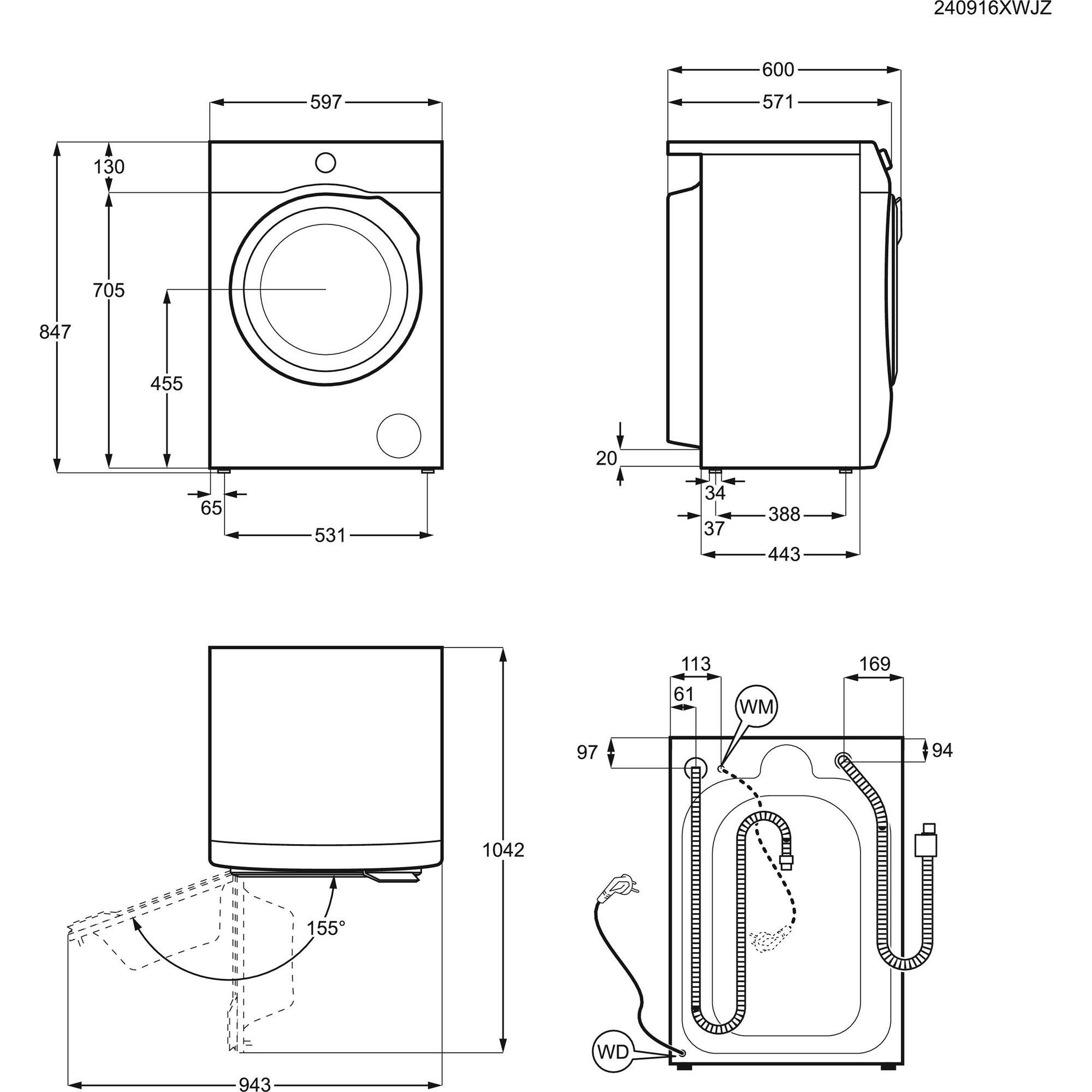 Diagramm einer Waschmaschine mit Maßen und technischen Details, aus verschiedenen Winkeln gezeigt.