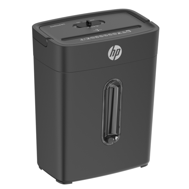 Ein schwarzer HP-Aktenvernichter. Er hat einen Schlitz oben und ein transparentes Fenster. Das HP-Logo ist vorne zu sehen.