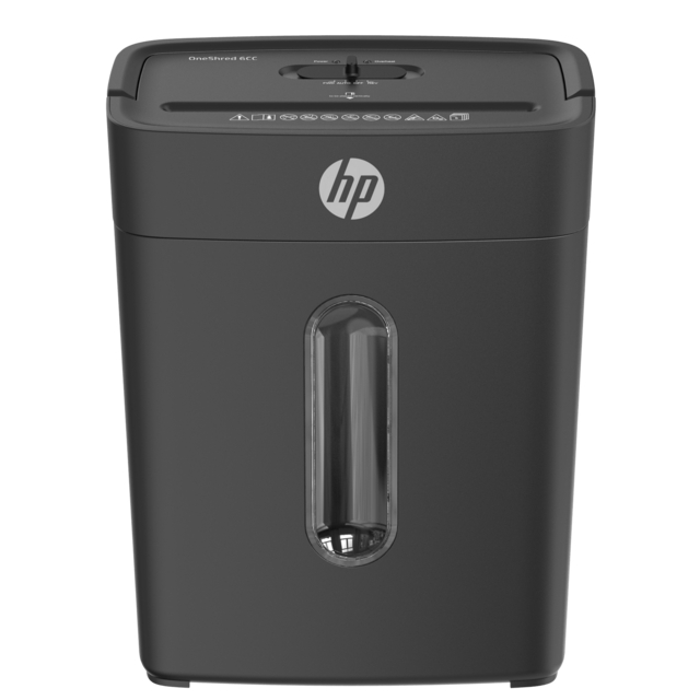 Ein schwarzer HP-Aktenvernichter. Er hat ein transparentes Fenster, das HP-Logo und Sicherheitssymbole. Das Etikett 'OneShred 6CC' ist sichtbar.