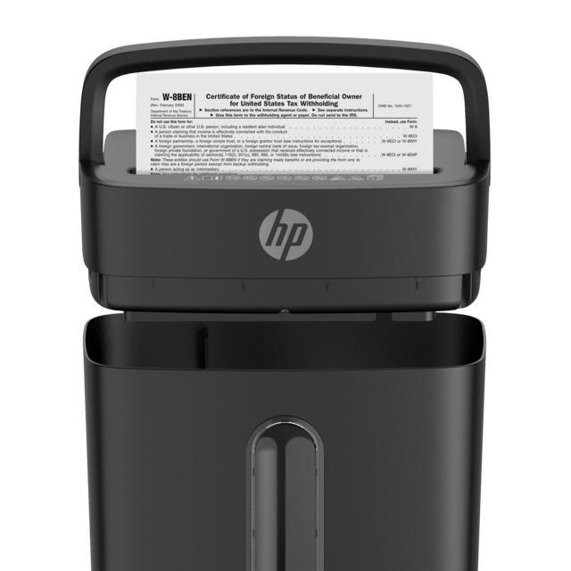 Schwarzer HP-Aktenvernichter mit Griff. Oben befindet sich ein Steuerformular. Das Logo befindet sich auf der Vorderseite. Nahaufnahme.