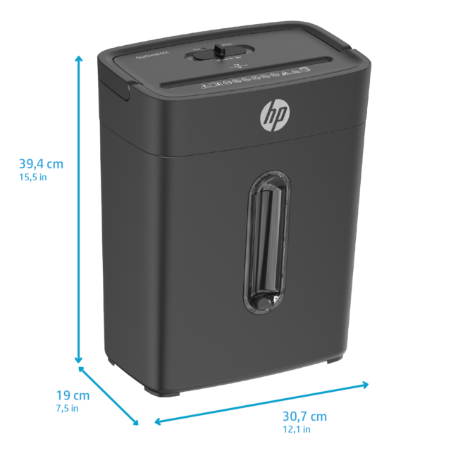 Ein schwarzer HP-Aktenvernichter. Abmessungen sind angegeben: 39,4 cm hoch, 19 cm breit und 30,7 cm tief. Das HP-Logo ist sichtbar.