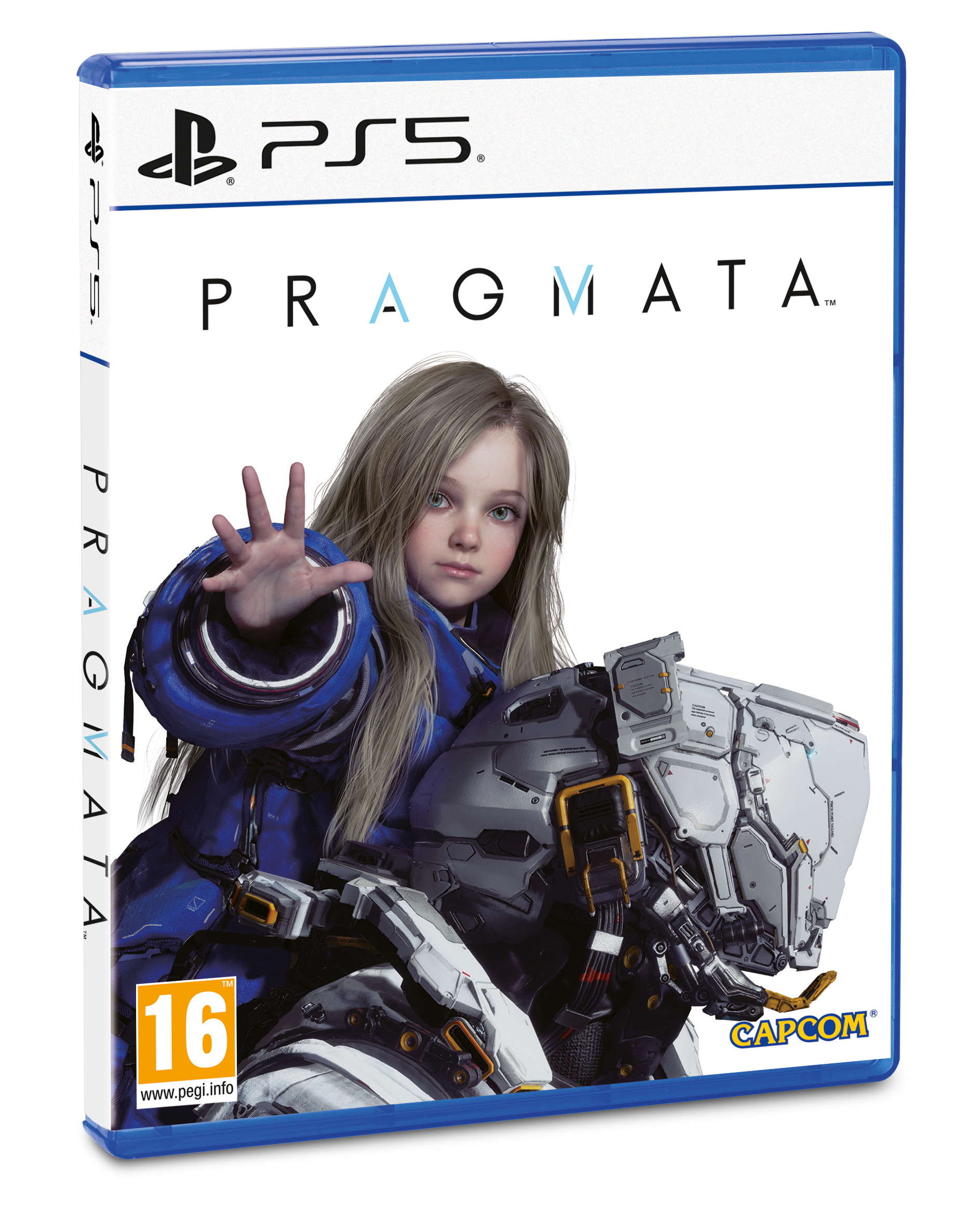 Spiel-Box-Art zeigt ein Mädchen in blauer Rüstung, das sich ausstreckt. Der Titel 'PRAGMATA' ist sichtbar. Das PS5-Logo ist oben.