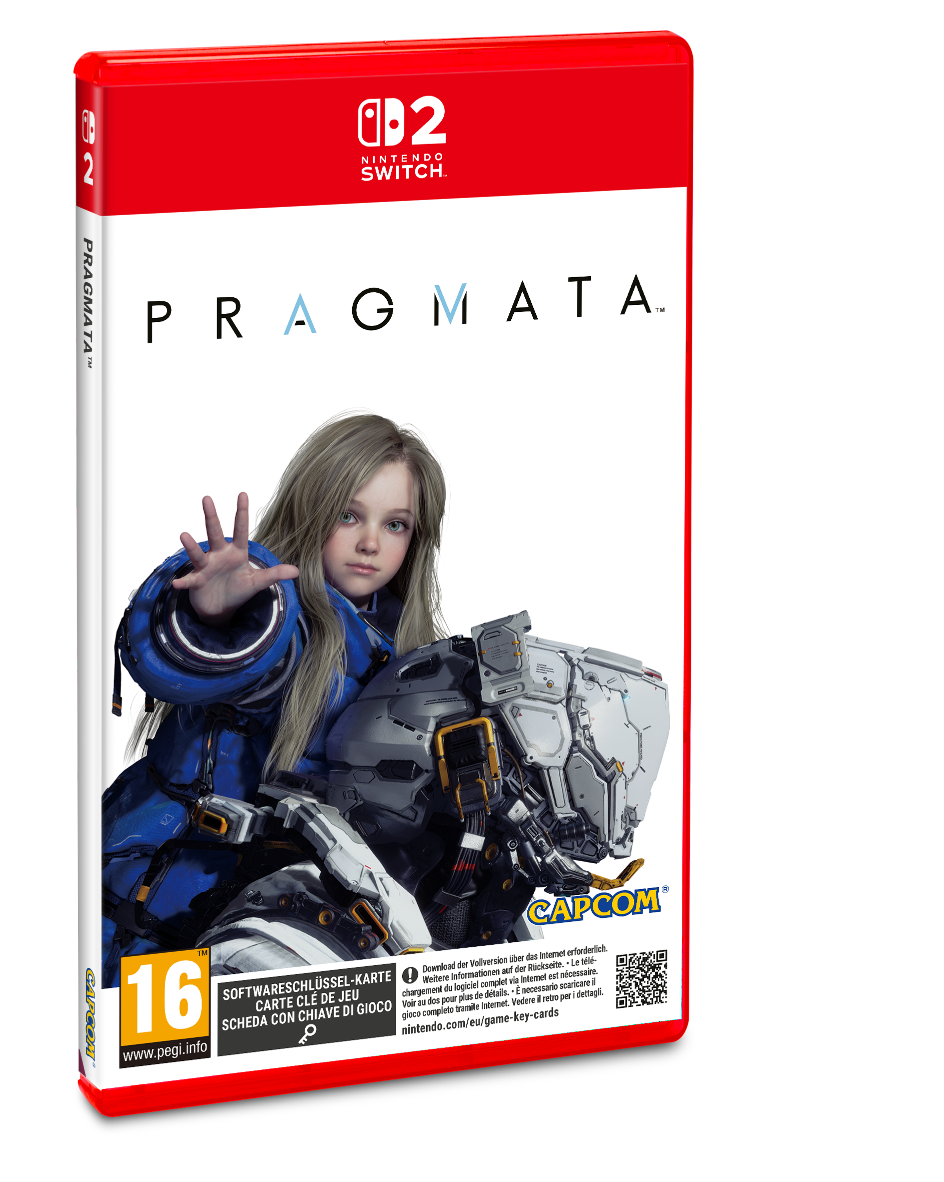 Spielbox-Art. Ein Mädchen in futuristischer Rüstung greift aus. Der Titel lautet 'Pragmata'.