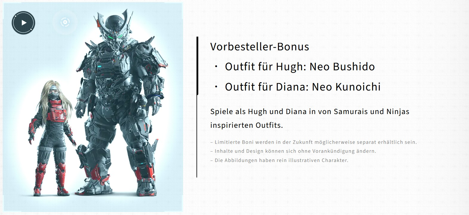 Zwei Figuren in futuristischer Rüstung stehen nebeneinander. Text rechts listet Bonus-Outfits für Hugh und Diana auf.
