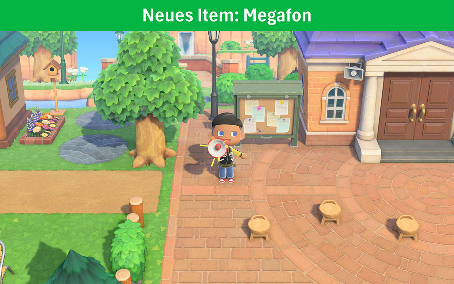 Eine Figur hält ein Megaphon auf einem Stadtplatz. Gebäude und Bäume umgeben die Figur. Ein Schild lautet 'Neues Item: Megafon'.