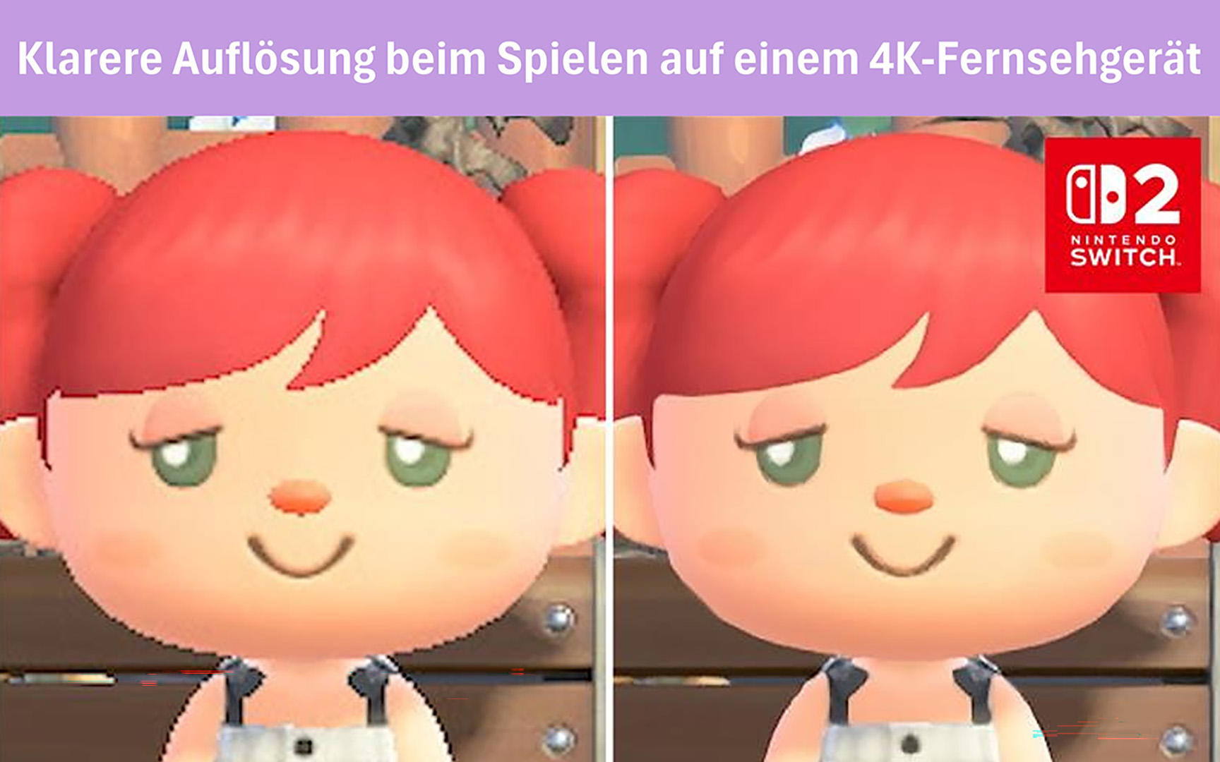 Das Bild zeigt zwei Hälften des Gesichts einer Zeichentrickfigur. Die rechte Seite hat ein Nintendo Switch-Logo. Text oben.