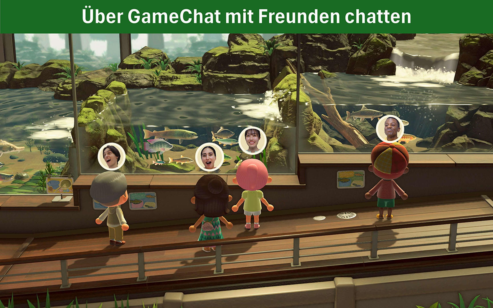 Avatare von Personen, die über einem Aquarium mit Fischen chatten. Animierte Charaktere stehen auf einem Holzdeck.