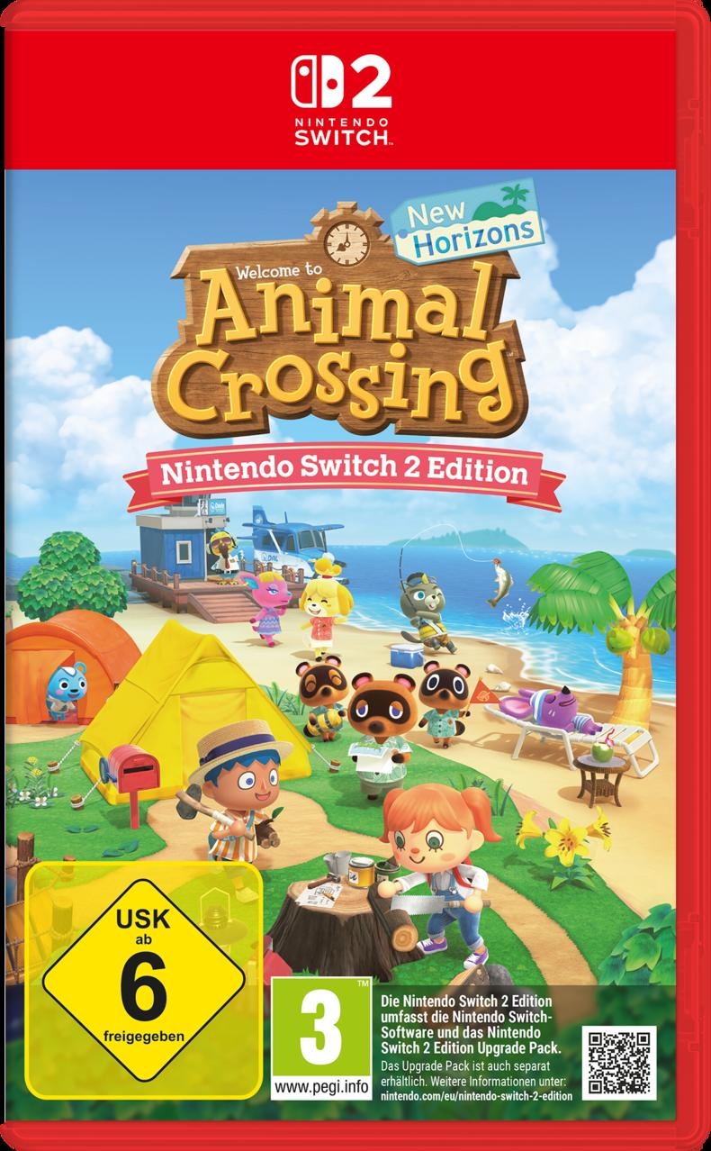 Animal Crossing: New Horizons Spielbox. Charaktere am Strand und in einem Dorf. Nintendo Switch-Logo oben.