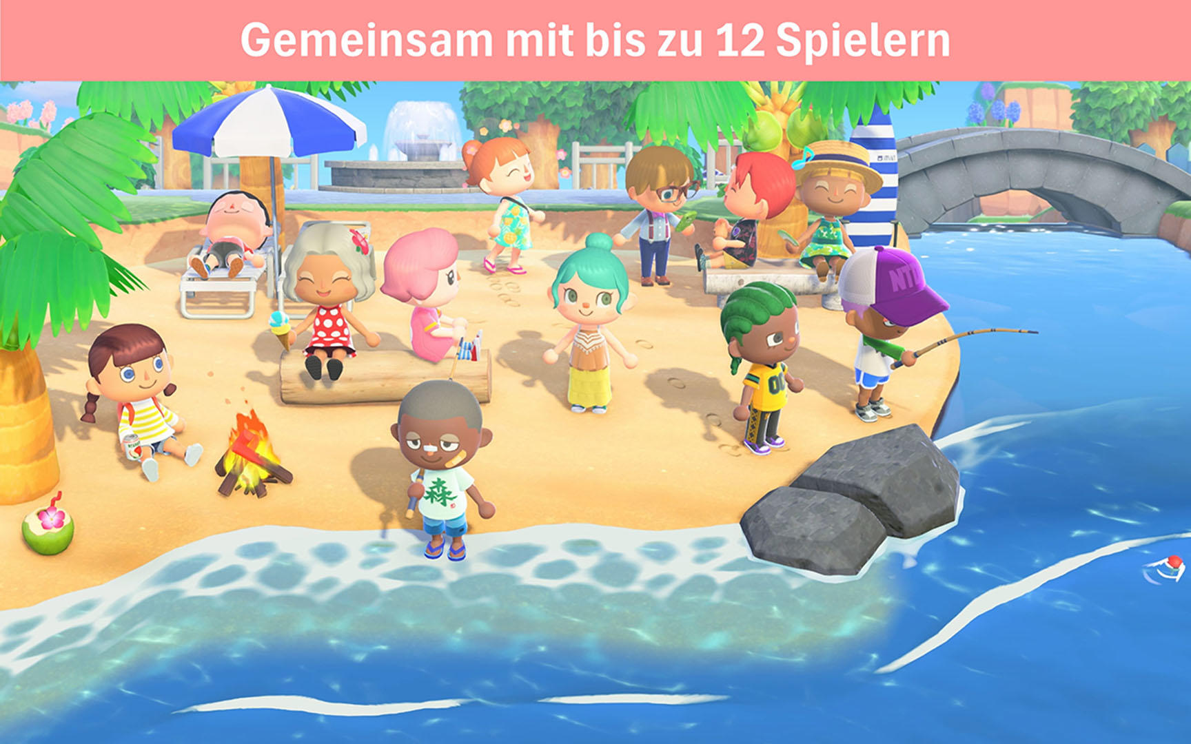 Strandszene mit 12 Cartoon-Charakteren. Einige angeln, entspannen sich oder sitzen. Ein Lagerfeuer und Palmen sind sichtbar.