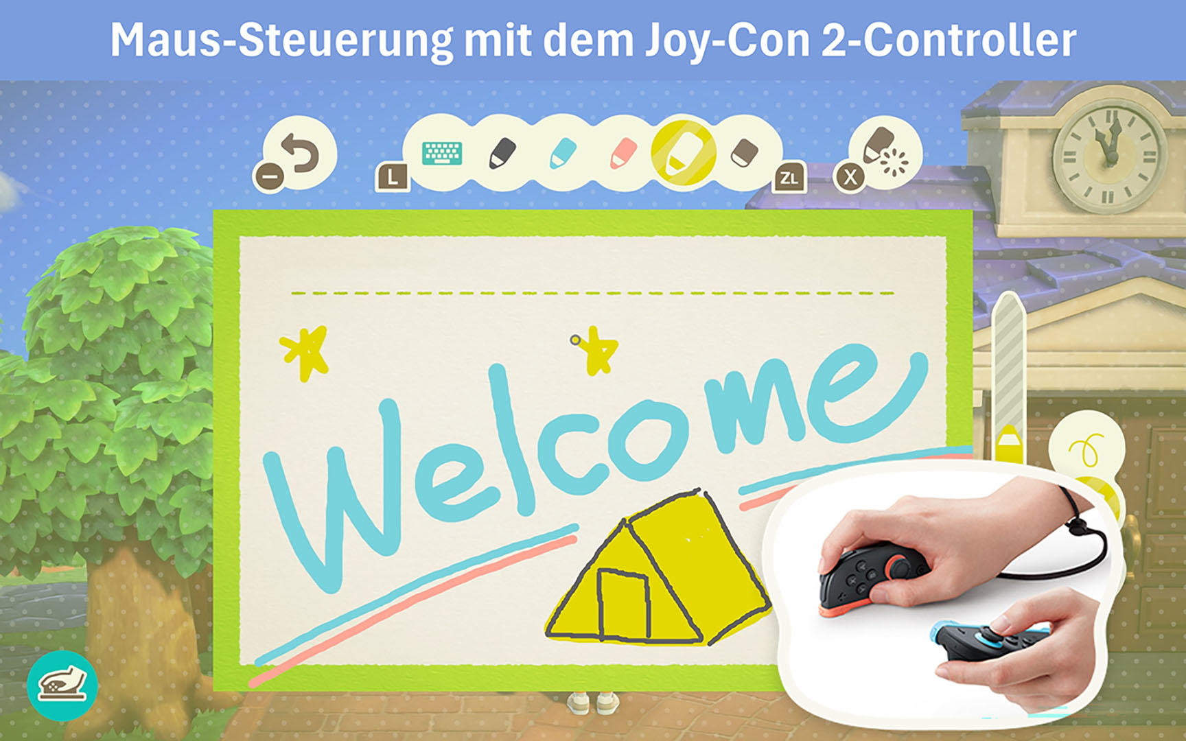 Das Bild zeigt ein 'Willkommen'-Schild mit einer Zeltillustration und Händen, die eine Maus und einen Controller halten.