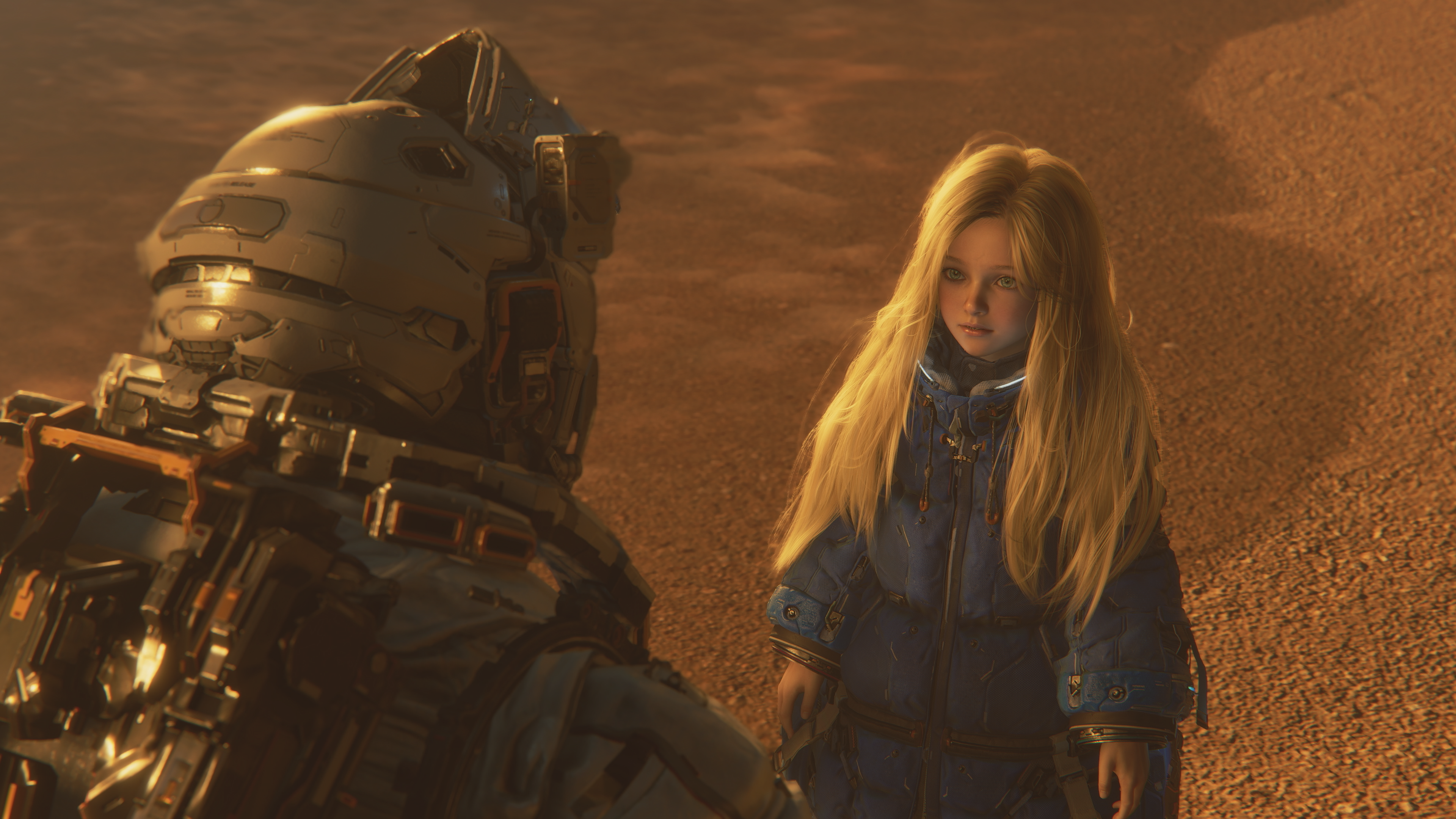 Ein Mädchen mit blonden Haaren und einer blauen Jacke steht einem Astronauten in einem futuristischen Anzug auf roter Planetenoberfläche gegenüber.
