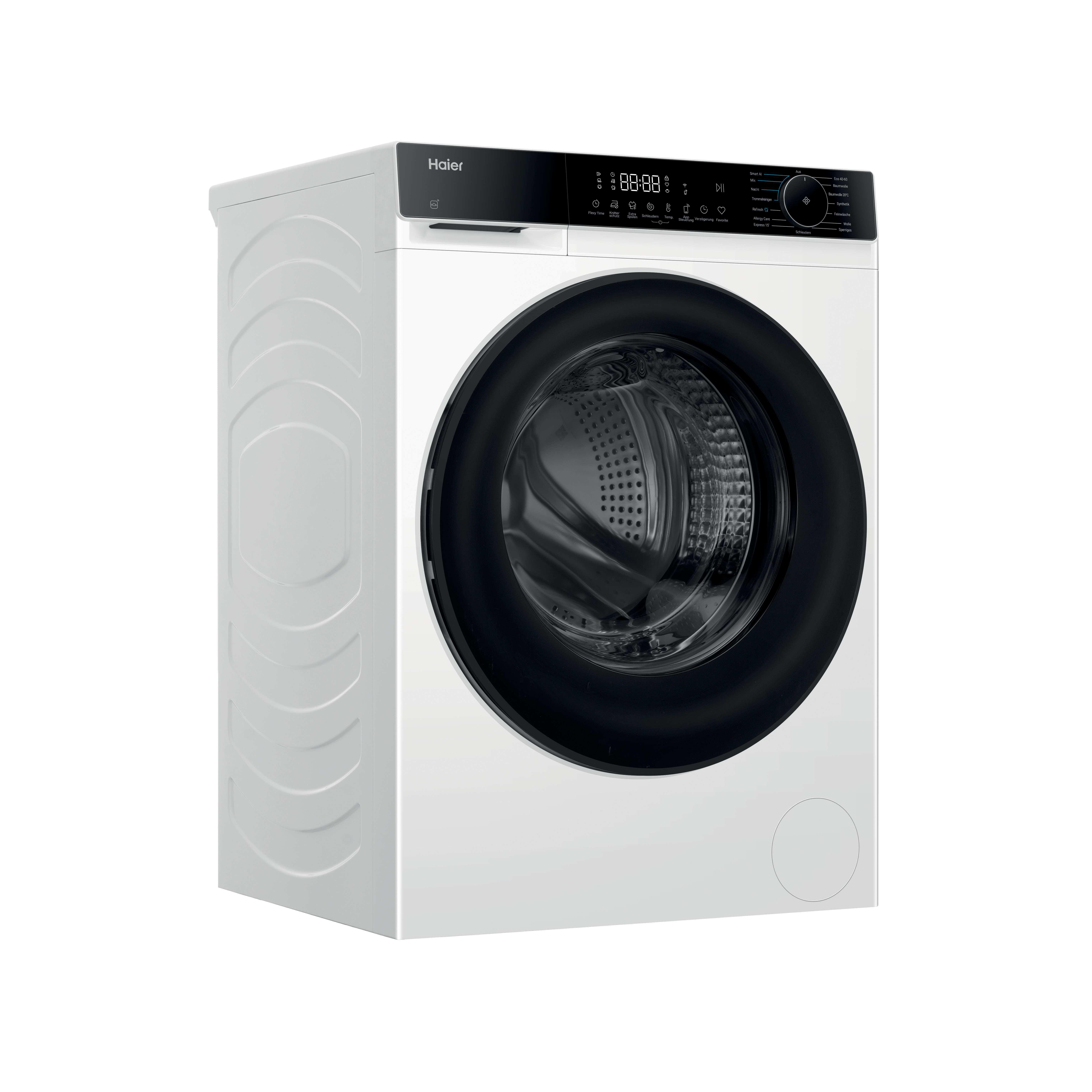 Eine weiße Haier-Waschmaschine mit schwarzer Tür und Bedienfeld. Das Display zeigt Zahlen und Symbole.