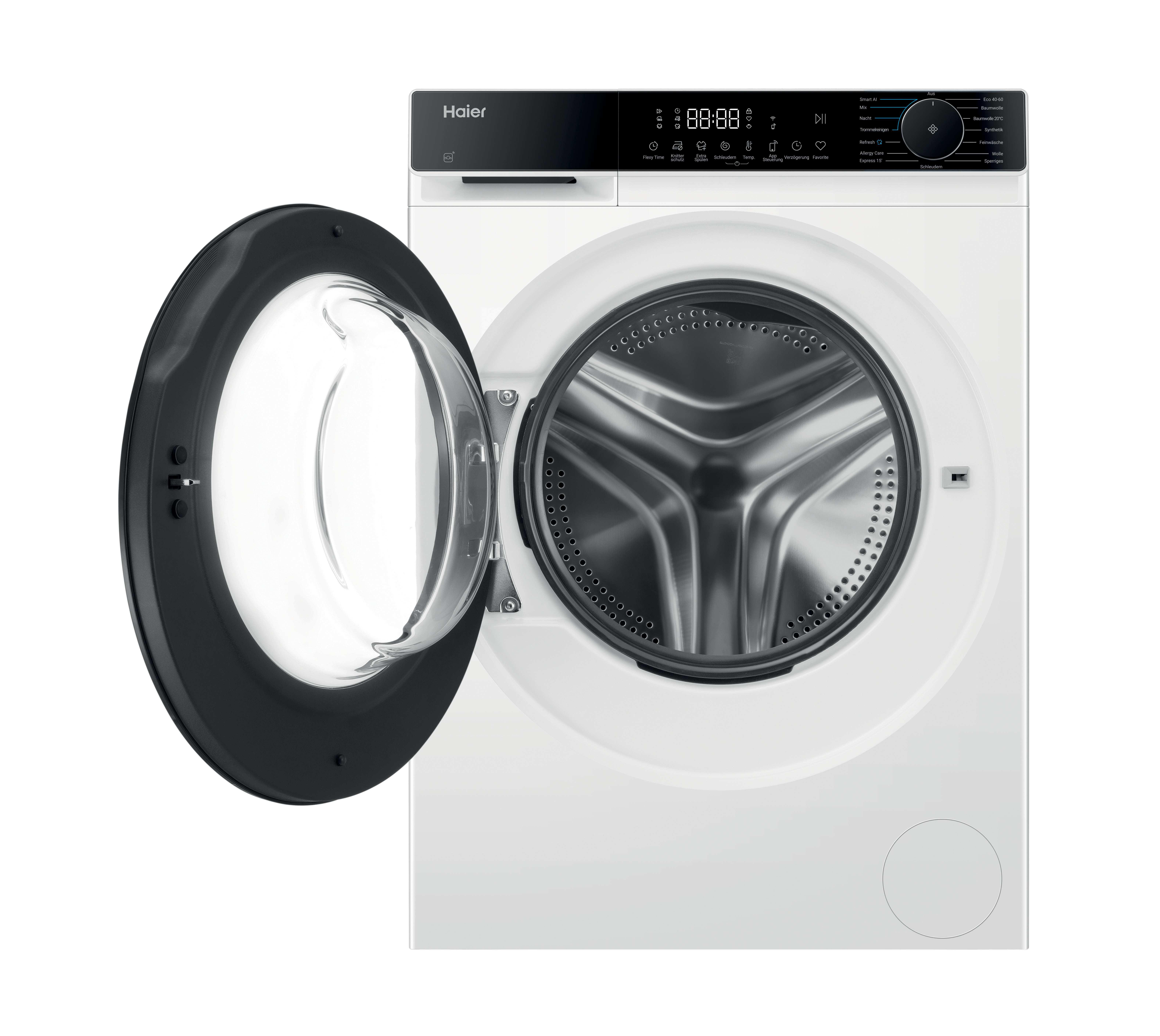 Eine weiße Haier-Waschmaschine mit offener schwarzer Tür, Digitalanzeige und verschiedenen Programmen.