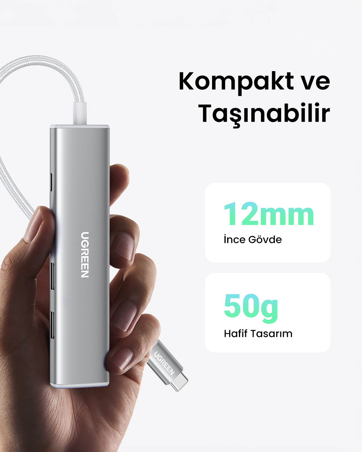 Bir el, gümüş renkli UGREEN USB hub'ını tutuyor. Metin: 'Kompakt ve Taşınabilir', '12mm ince Gövde' ve '50g Hafif Tasarım'.