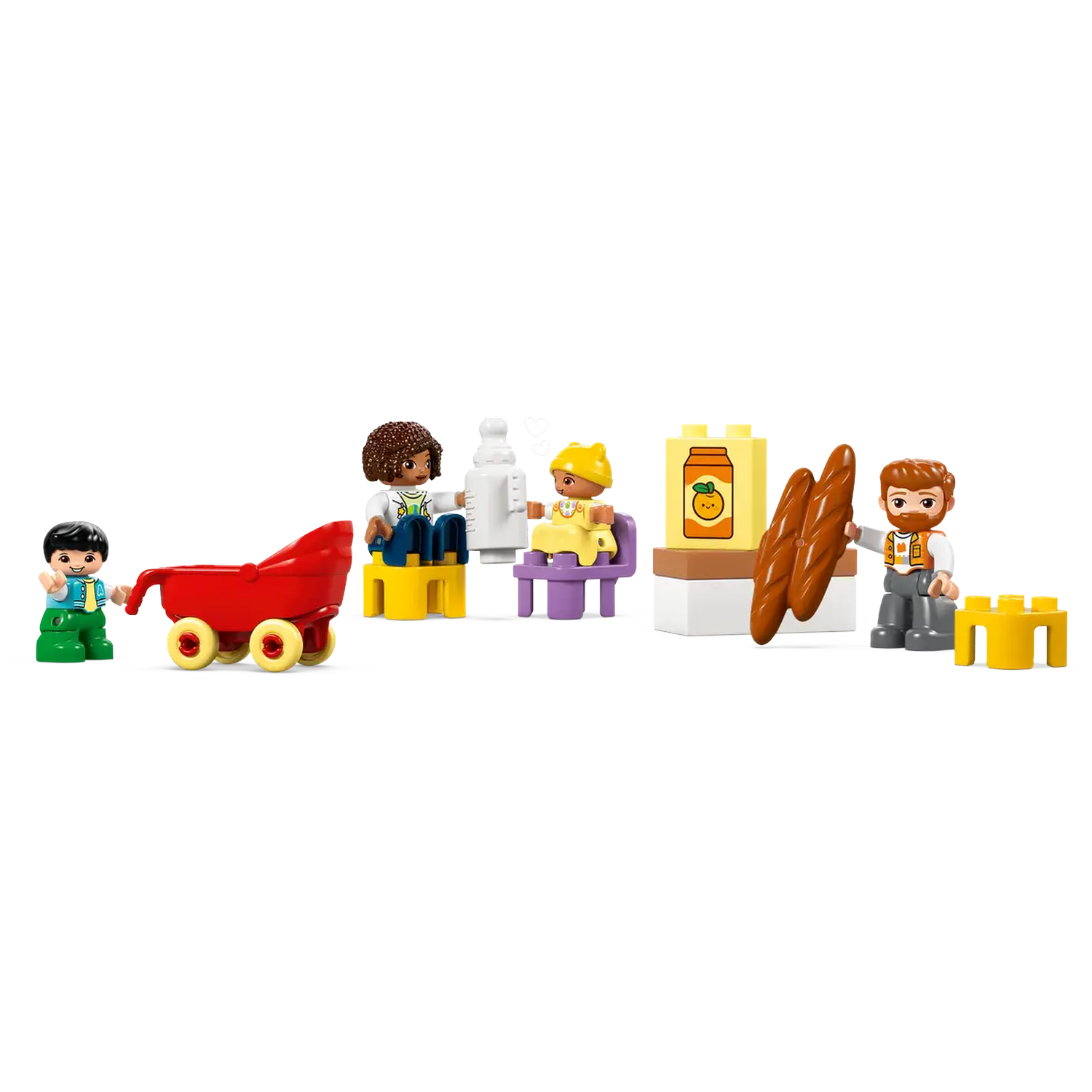 Lego Duplo scene with figures, a red wagon, and food items. The figures represent children and adults in a shopping setting.