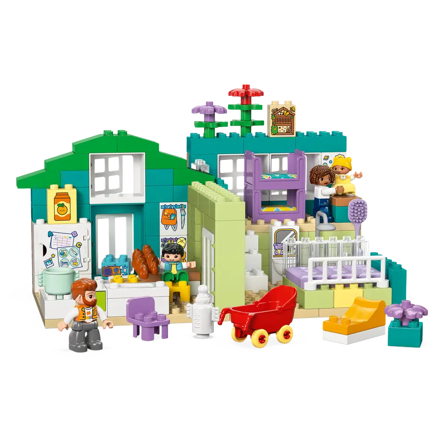 A Lego house with figures, furniture, and food items. Includes a red stroller, and a yellow chair.  Two figures are hugging.