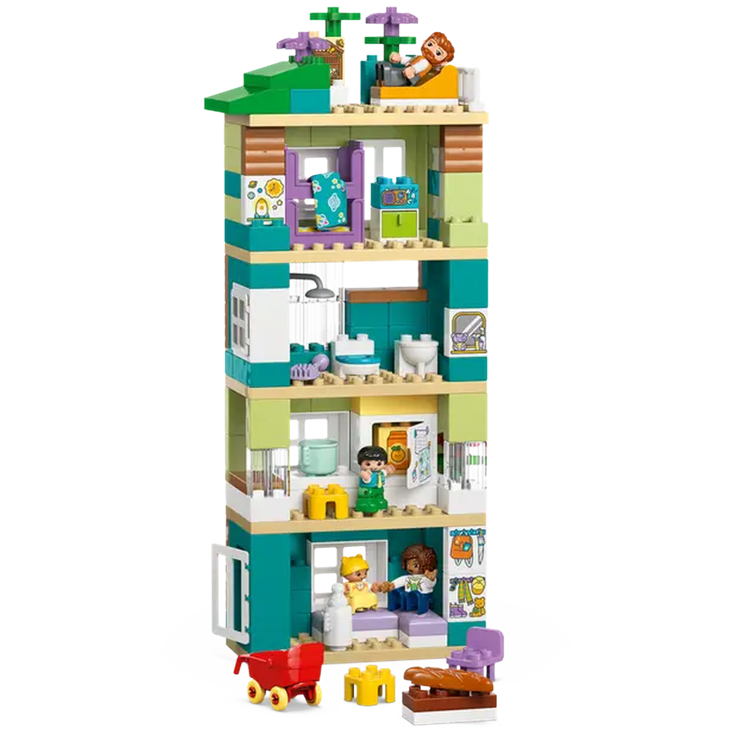 A multi-story Lego house with people inside. A red stroller, furniture, and food are in front of the house.