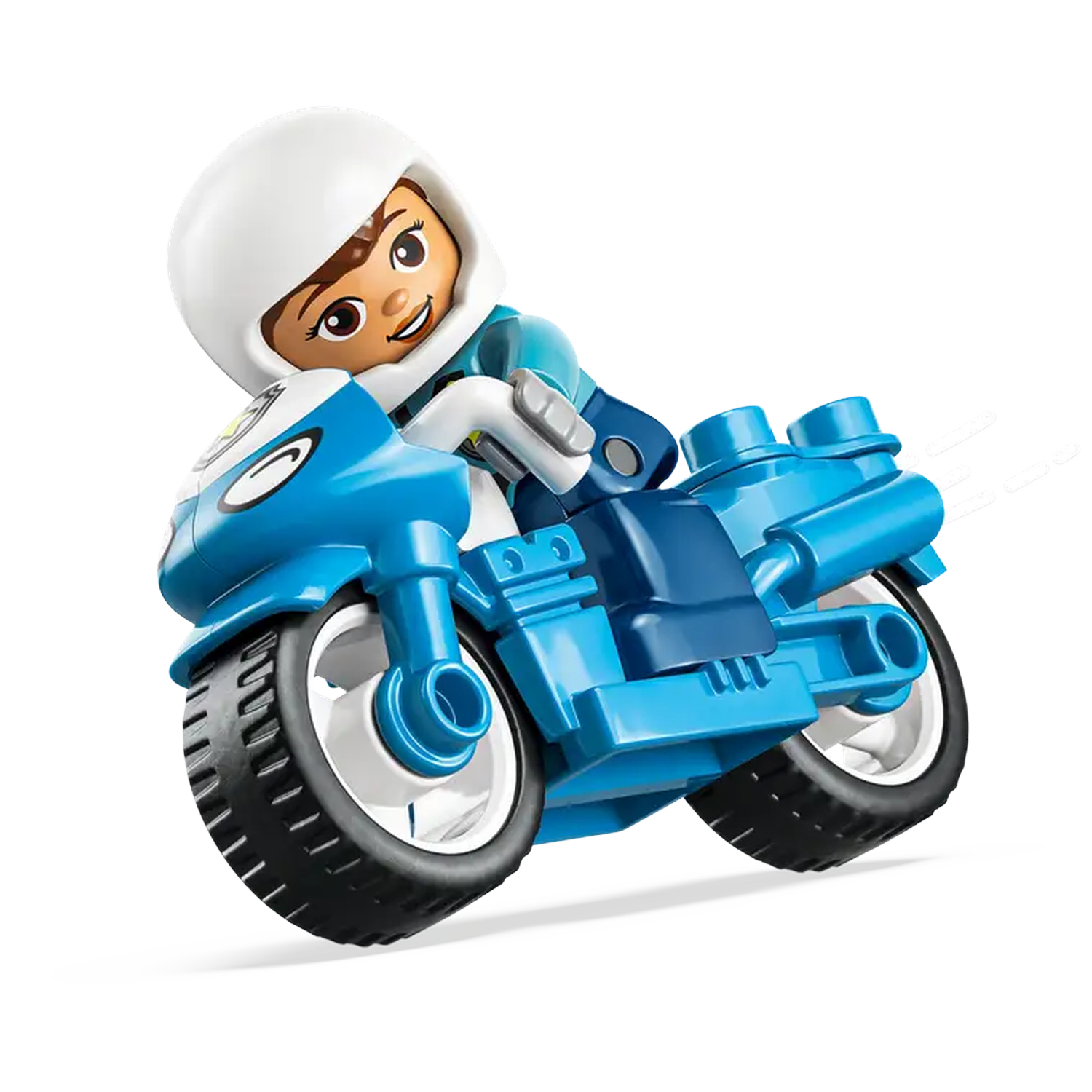 A Lego figure on a blue motorcycle. The figure wears a white helmet. The motorcycle has black tires and white rims.