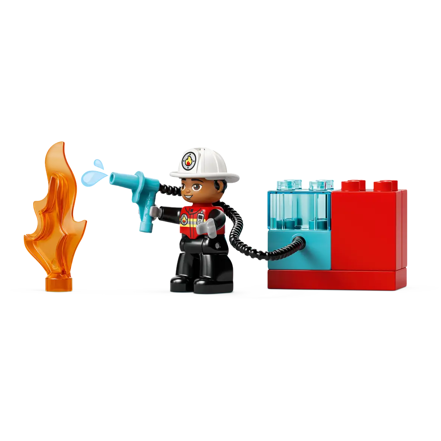 A Lego firefighter figure aims a water gun at an orange flame. There's a red and blue block structure next to the figure.