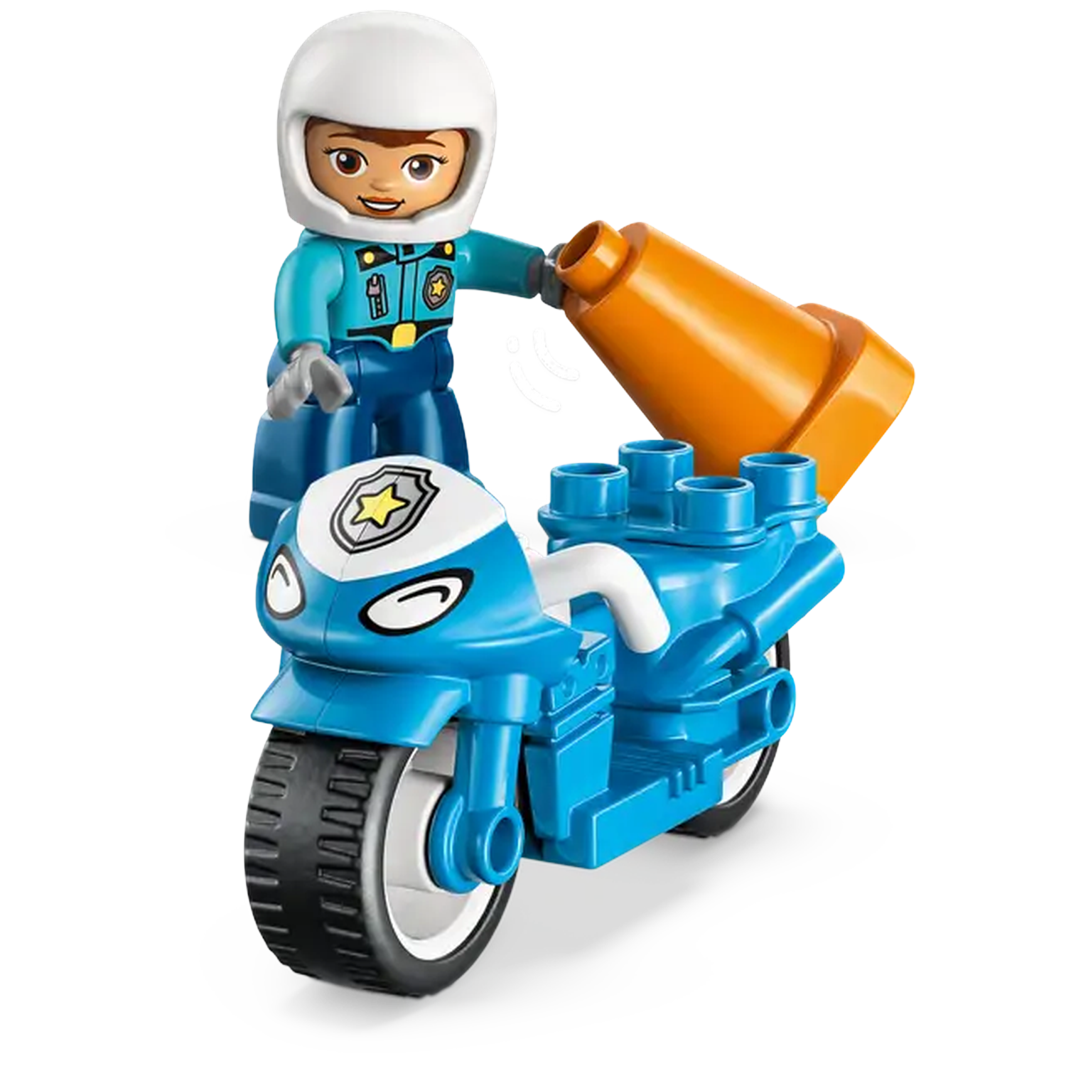 A Lego police officer with a white helmet, blue uniform, and motorcycle, holding an orange traffic cone. White background.
