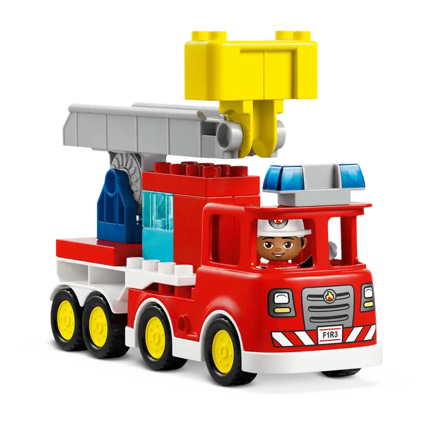 A red toy firetruck with a yellow crane and a firefighter inside. The truck has yellow wheels and blue lights on top.