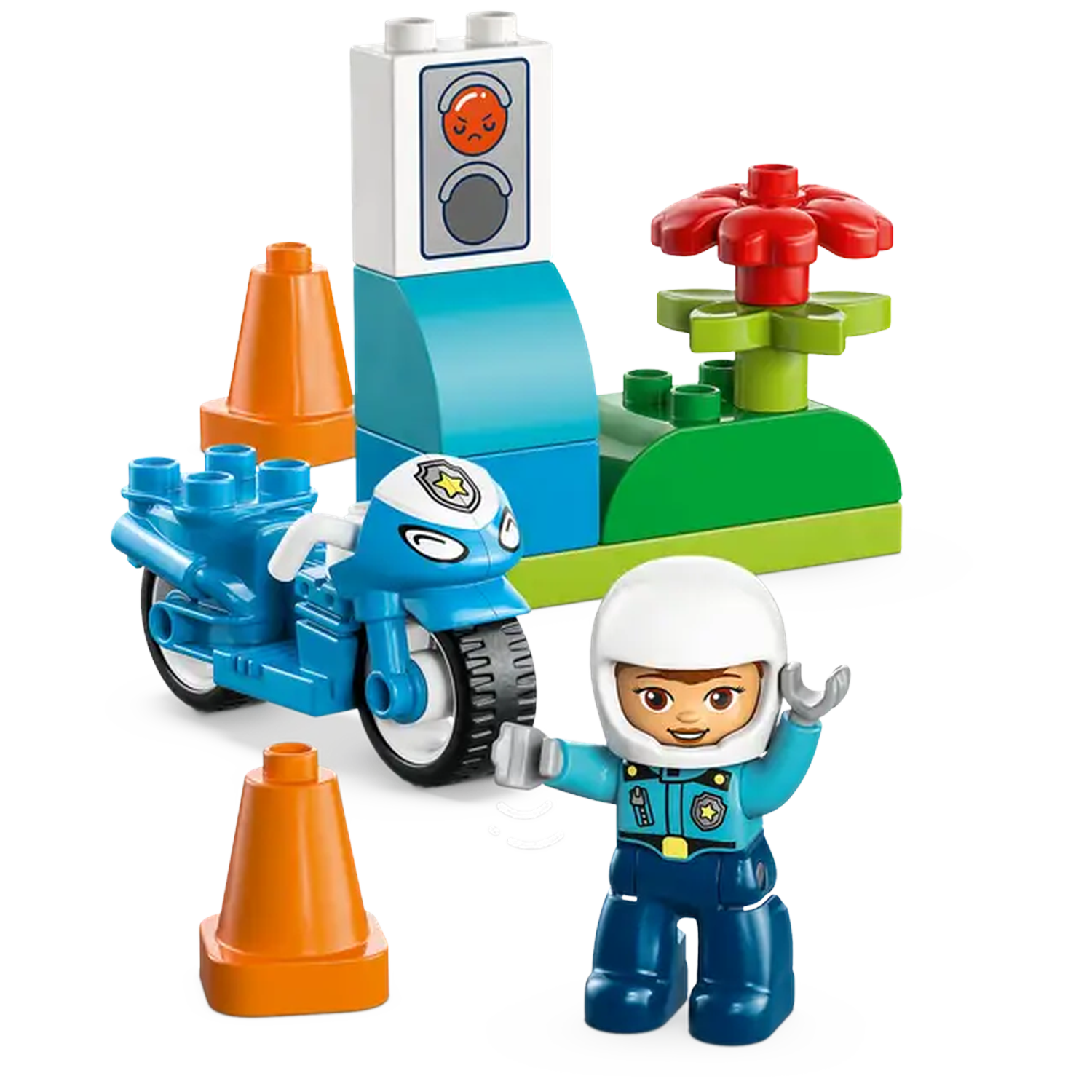 A Lego police scene with a motorcycle, a police officer figure, traffic cones, and a flower. The background has a traffic light.