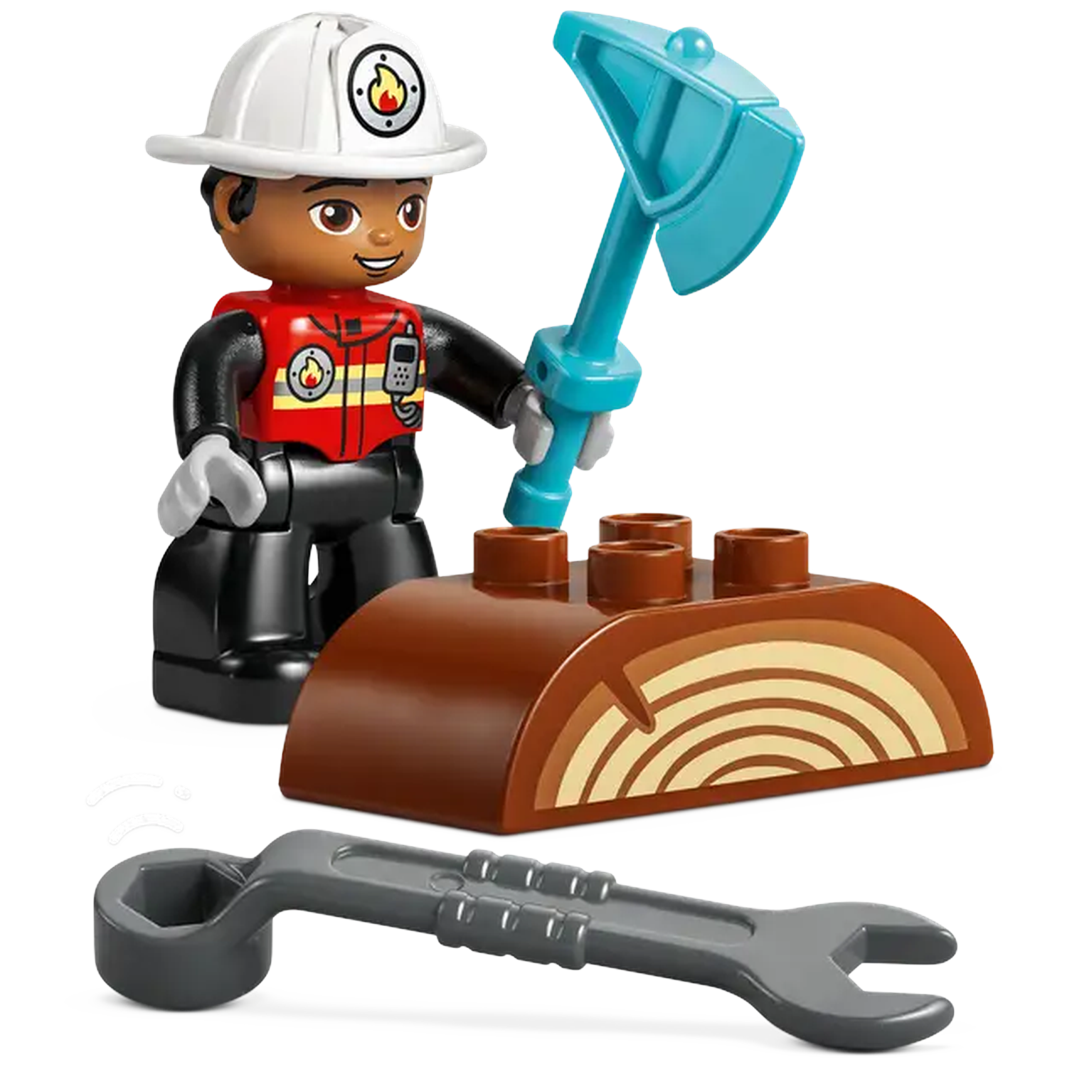 A Lego firefighter figure with an axe and a wood block. A wrench is at the bottom. The firefighter wears a helmet and red vest.