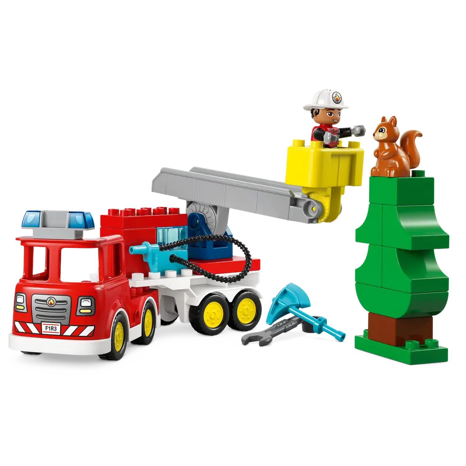 A red Lego fire truck with a ladder, a firefighter, a squirrel, and a Lego tree. Tools are placed on the ground.