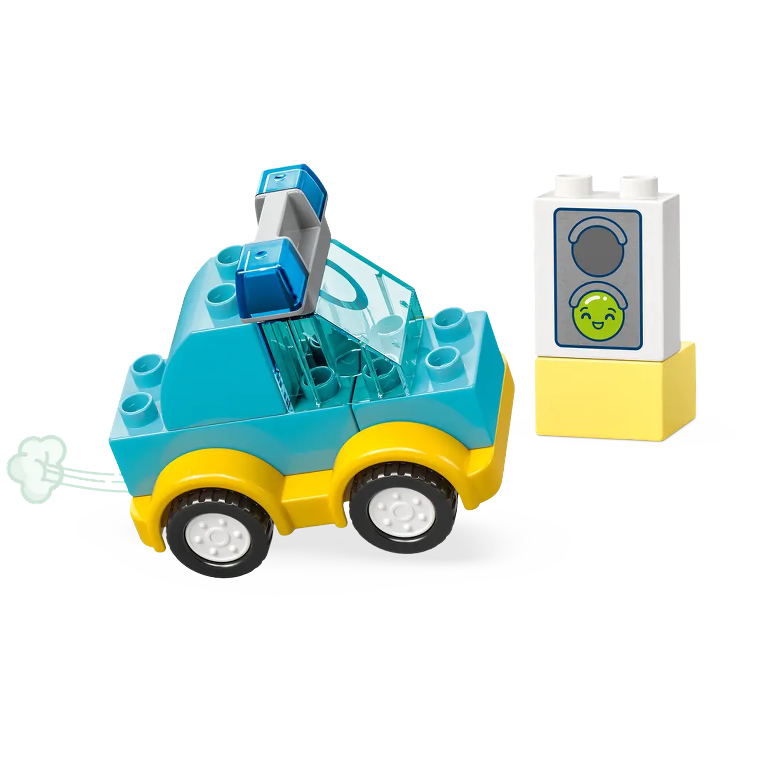A toy police car with blue and yellow colors, smoke effect, and a traffic light with a smiling face.