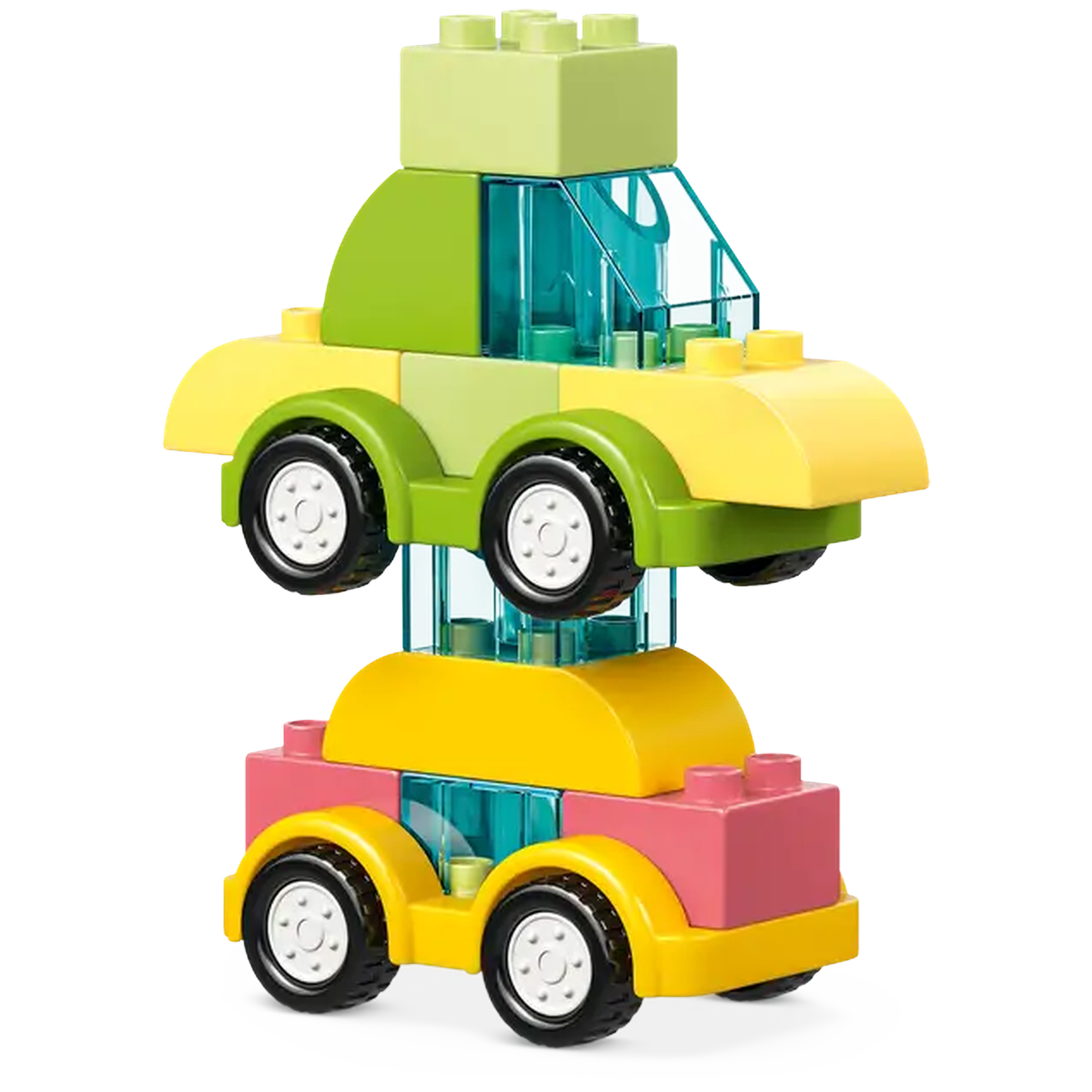 Two toy cars made of blocks, stacked vertically. The top car is green and yellow, the bottom is pink and yellow, both with black wheels.