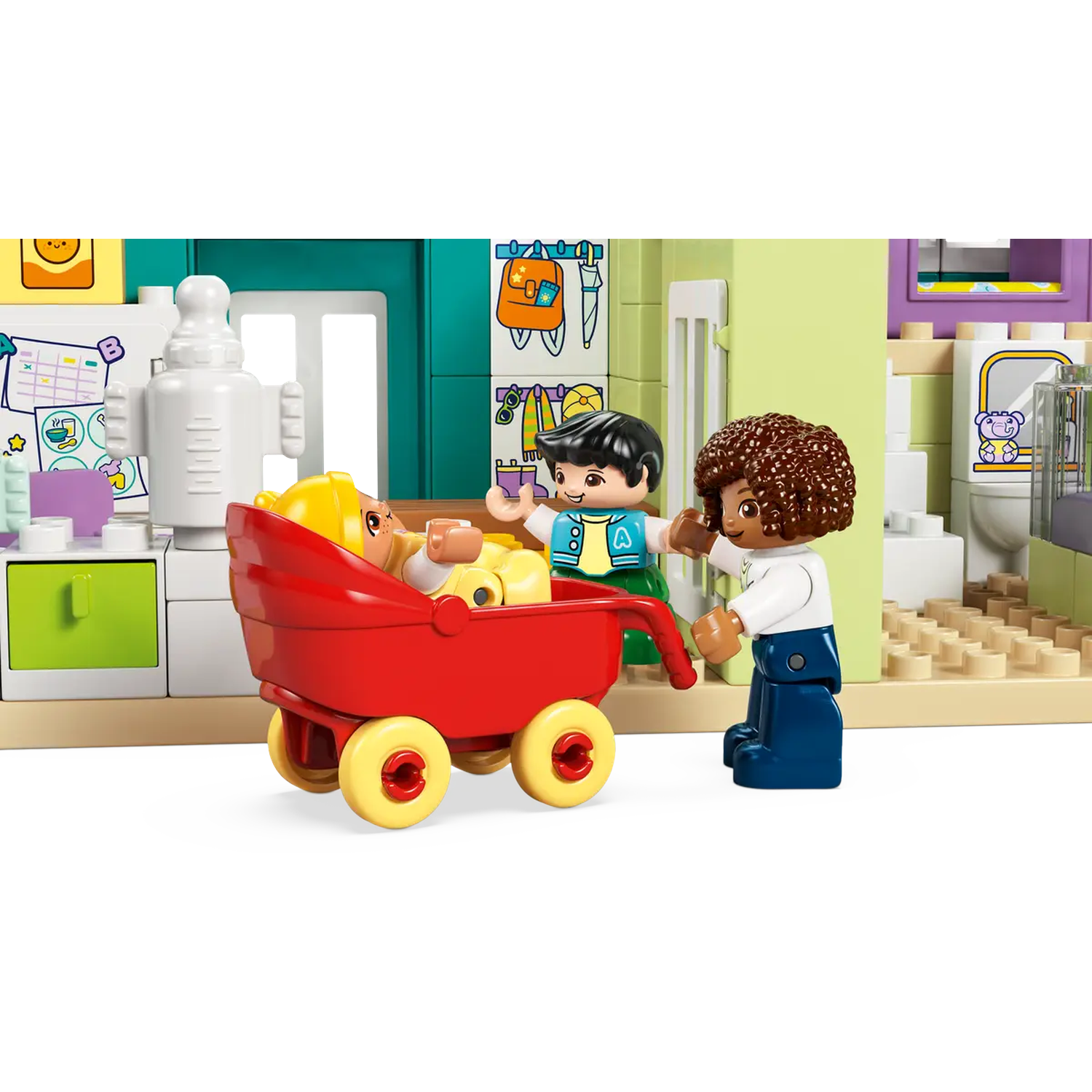 A red stroller with a baby inside is being pushed by two Lego figures. Other Lego figures stand nearby. The scene is indoors.