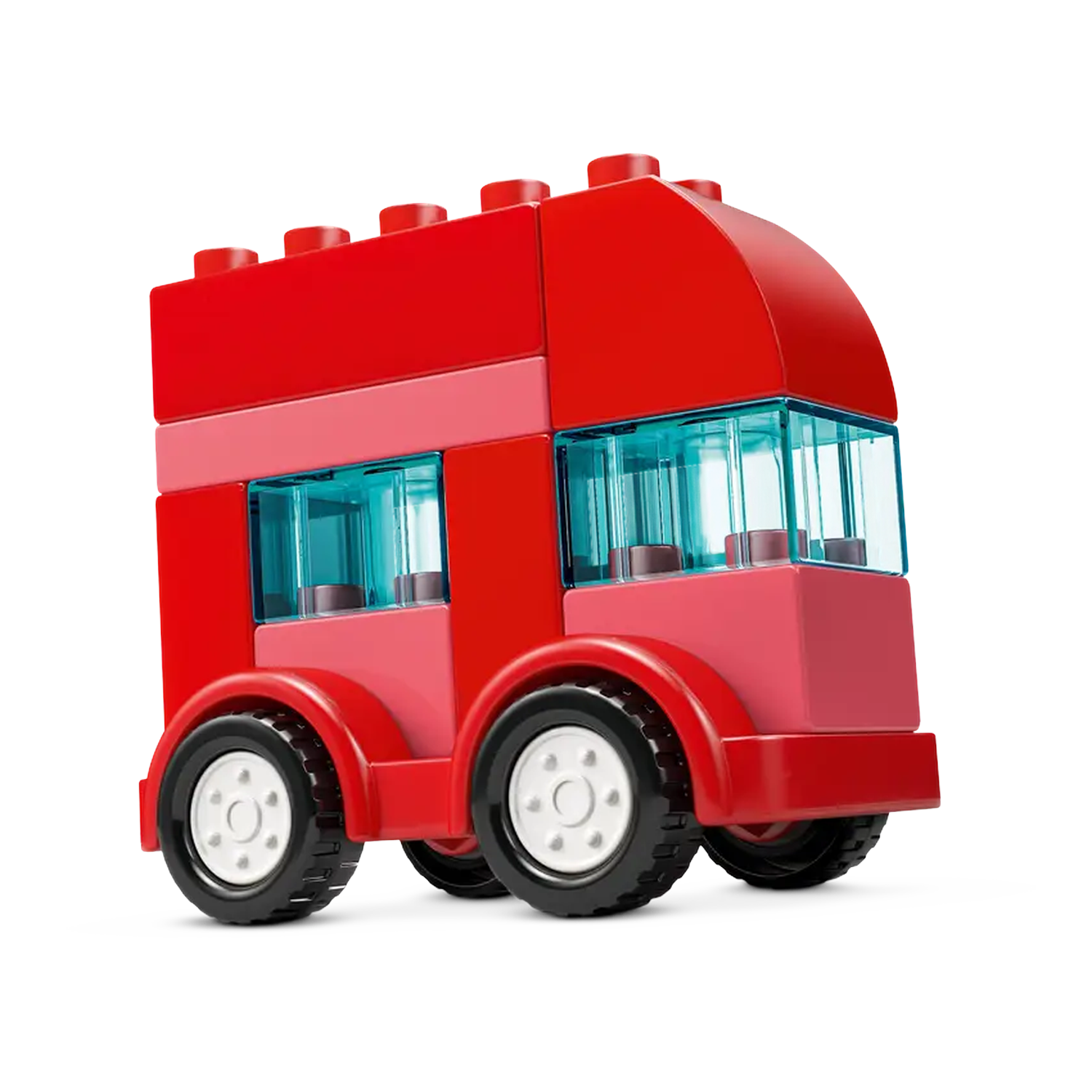 A red toy bus made of blocks. It has black tires with white centers and blue windows. The background is white.