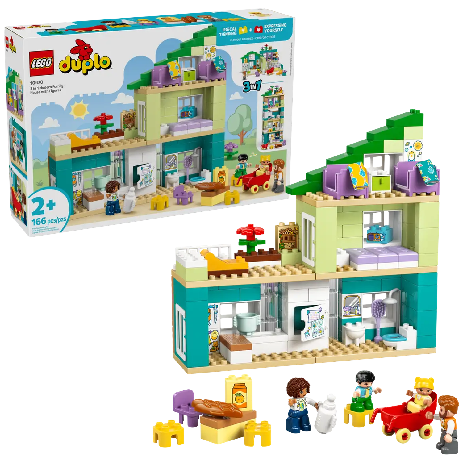 A Lego Duplo set. A house is constructed. It has green and blue walls, with figures and accessories. The box is in the background.