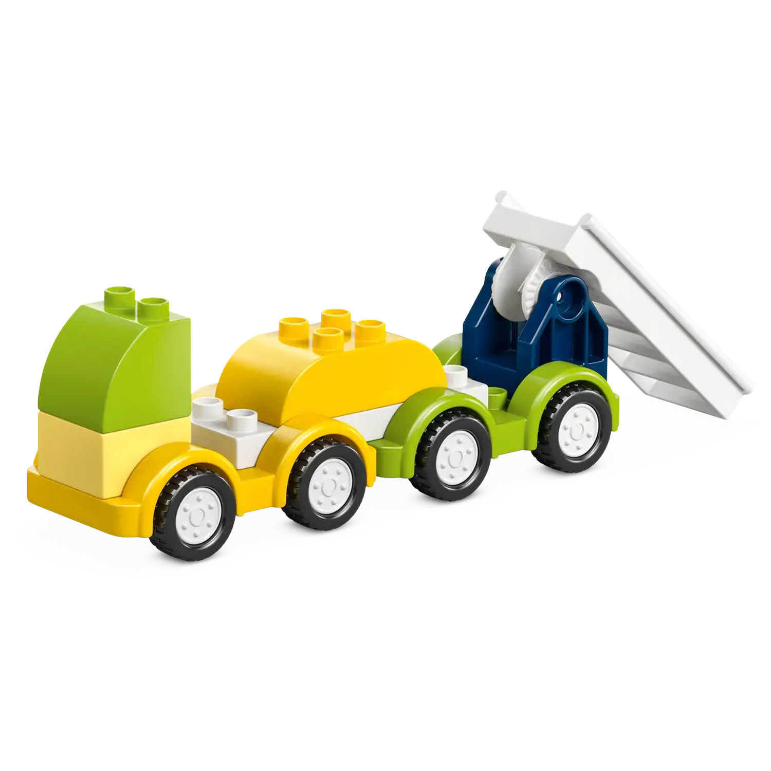 A toy truck made of colorful blocks. It has yellow, green, and blue parts. A white ramp is attached at the back.