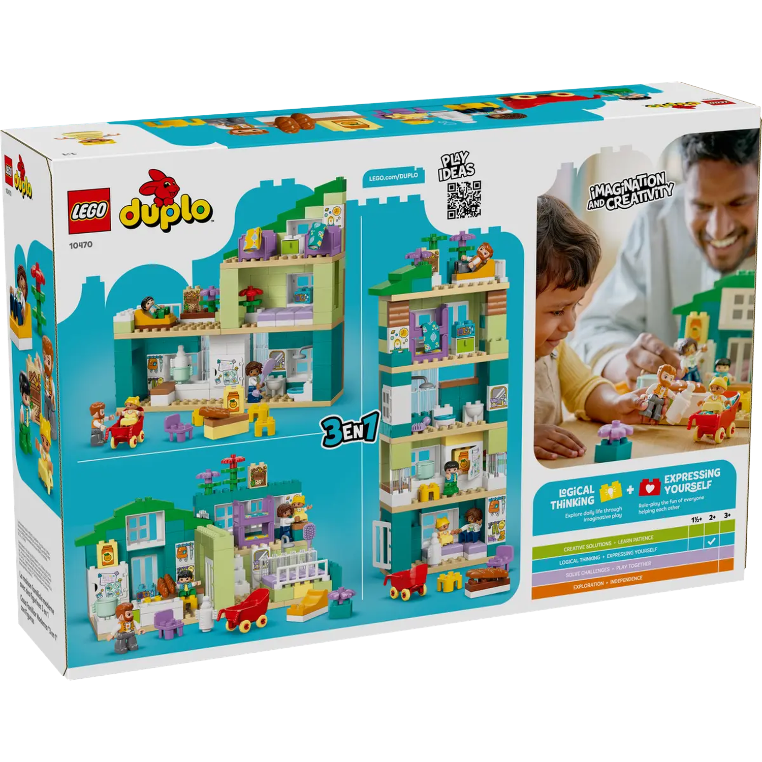 Lego Duplo box. It shows a Lego house, a child, and an adult playing with Lego figures. The box is teal and white.